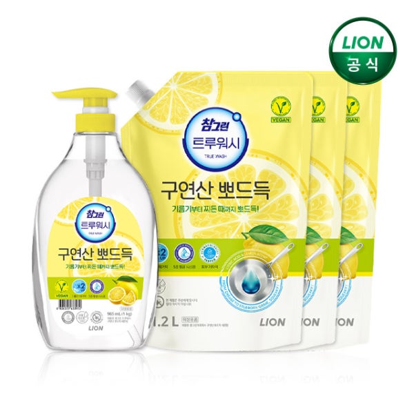 참그린 구연산 뽀드득 주방세제 레몬 본품 1kg +1.2L 리필 3개