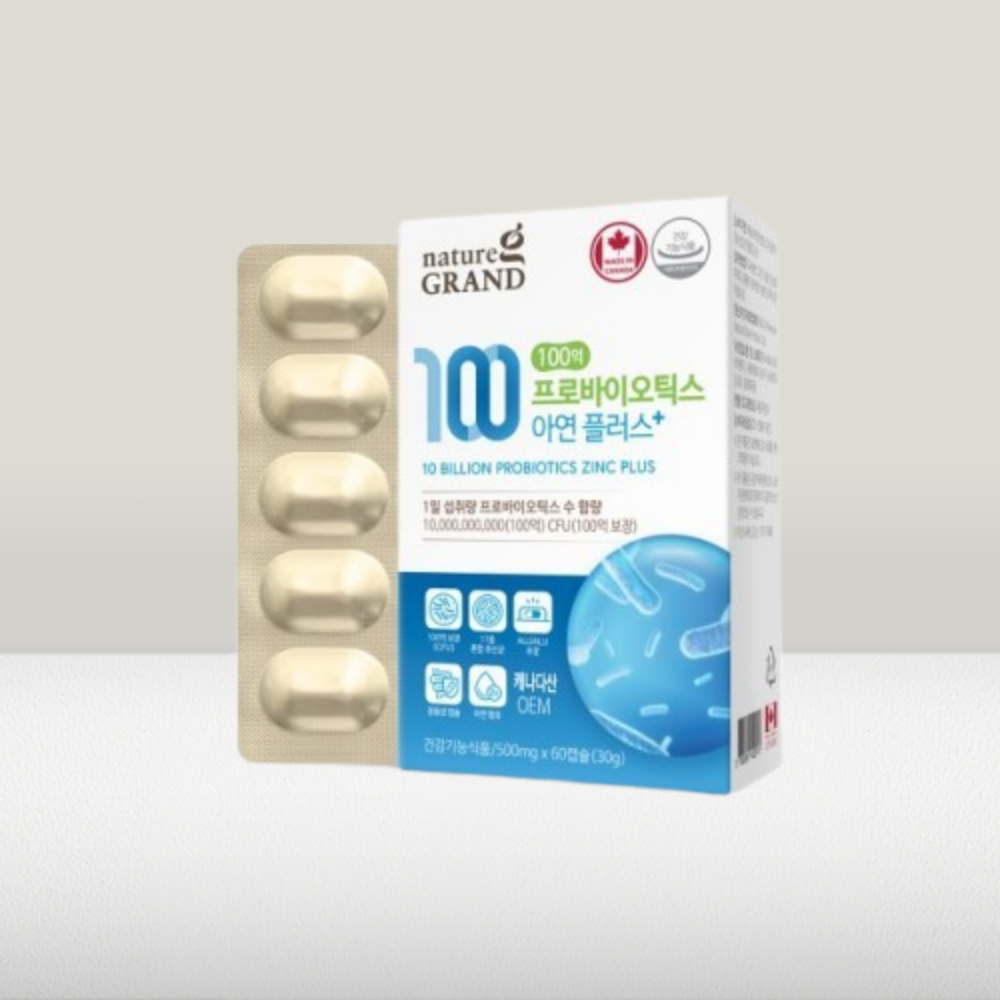 네이처그랜드 <b>100억</b> <b>프로바이오틱스</b> 아연 플러스 500mg x 60캡슐, 2개월분