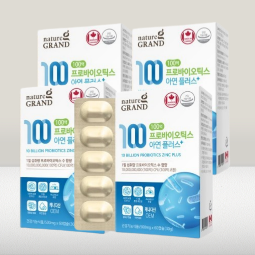 네이처그랜드 <b>100억</b> <b>프로바이오틱스</b> 아연 플러스 500mg x 60캡슐, 8개월분