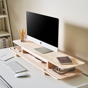 원목 모니터받침대 듀얼 2단 선반 스탠드 높이조절 윙950