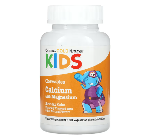 캘리포니아골드 뉴트리션 <b>어린이 츄어블 칼슘 플러스 마그네슘</b> 생일 케이크 베지 정제 90정