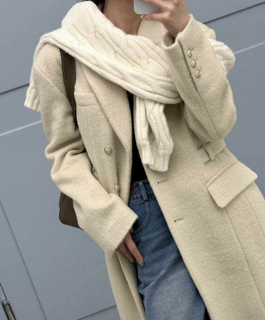 JS뉴욕 C4 알파카 스트랩벨트 크림색 오버핏 롱 울 코트 JSNEWYORK