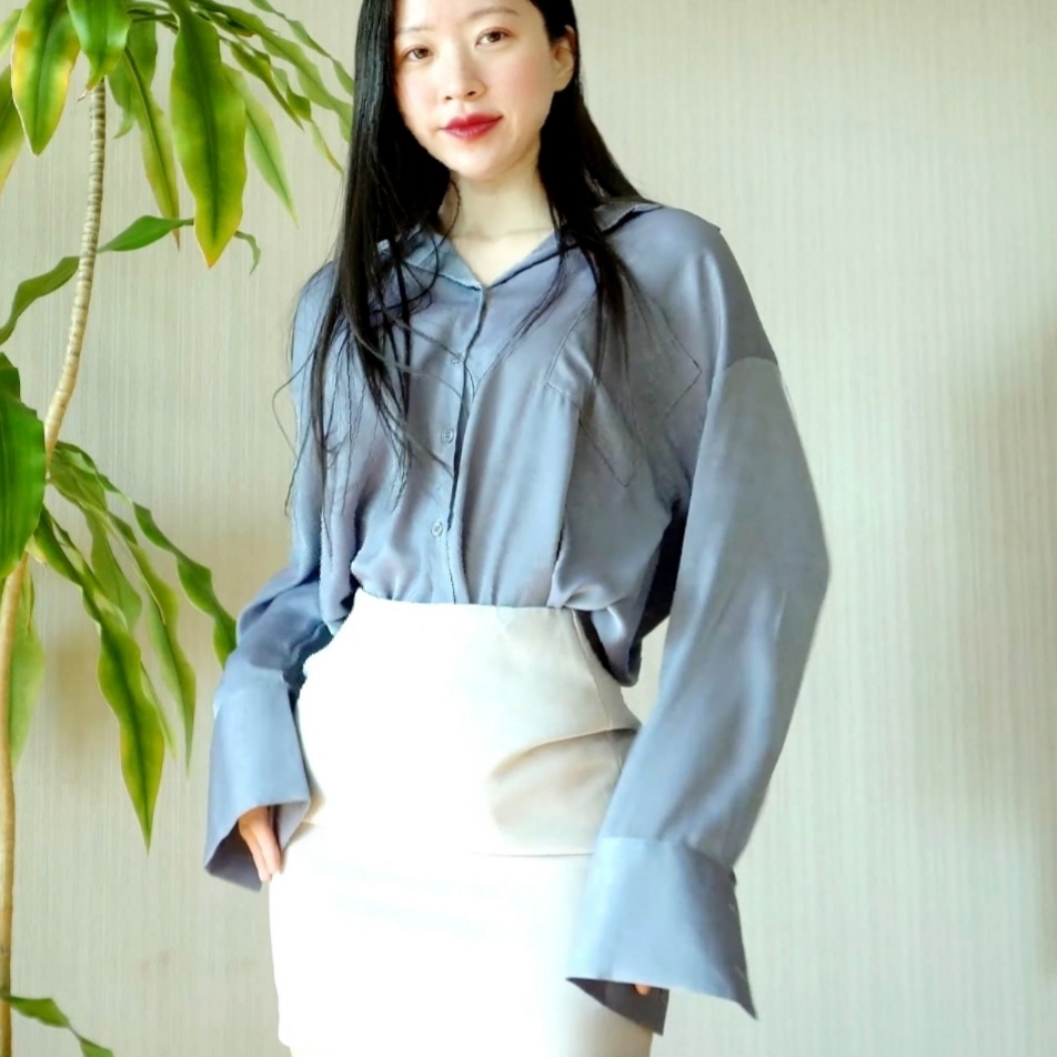 블루 오버핏 루즈핏 고퀄리티 심플 무지 실크 광택 셔츠 블라우스