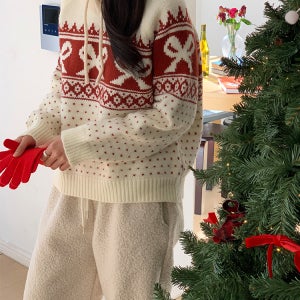 리본 노르딕 니트티 겨울 루즈핏 포근한 여성 레드 니트