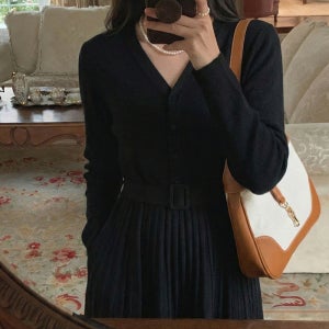 에투 여성 가을 겨울 하객룩원피스 부드러운 니트 플리츠 벨트세트 롱 원피스 3Color