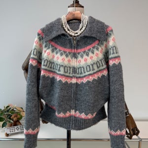 배색 노르딕 카라넥 집업 니트 가디건 2컬러