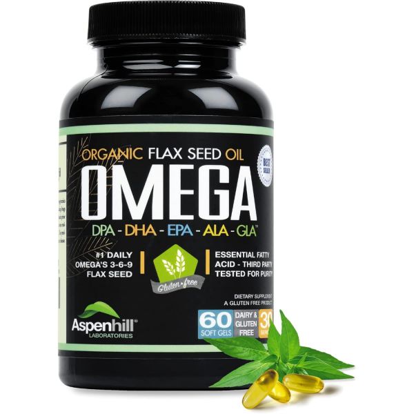 <b>DPA</b> <b>EPA</b> <b>DHA</b> <b>ALA</b> GLA와 생선 보리지 유기 아마씨 오일이 포함 오메가 369 블렌드 2400밀리그램 이상 강도 글루텐 없음 캡슐 60개