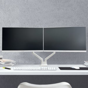 인터픽셀 IPA-DW1 화이트 듀얼 모니터암 메탈 거치대 효율적인 공간 활용 데스크테리어