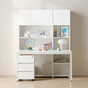 E0자재 스퀘어 책장 책상세트 1400x600mm, 5단 화이트 (HM2052)