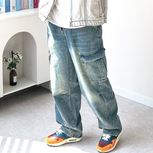 남자 기모청바지 겨울 카고팬츠 와이드핏 데님 바이커진 포켓 빅사이즈 밴딩