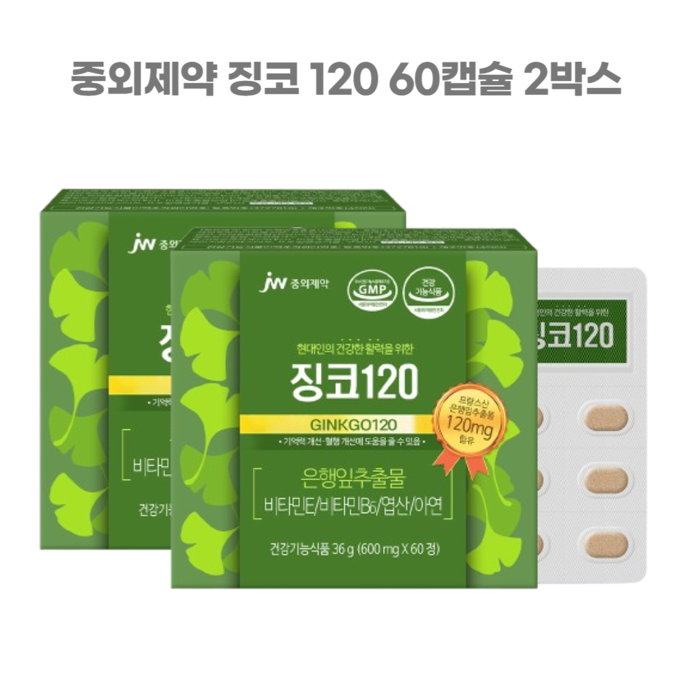 <b>JW중외제약</b> 징코120 <b>기억력</b> 혈행개선 은행잎 추출물 플라보놀배당체 60정 2박스