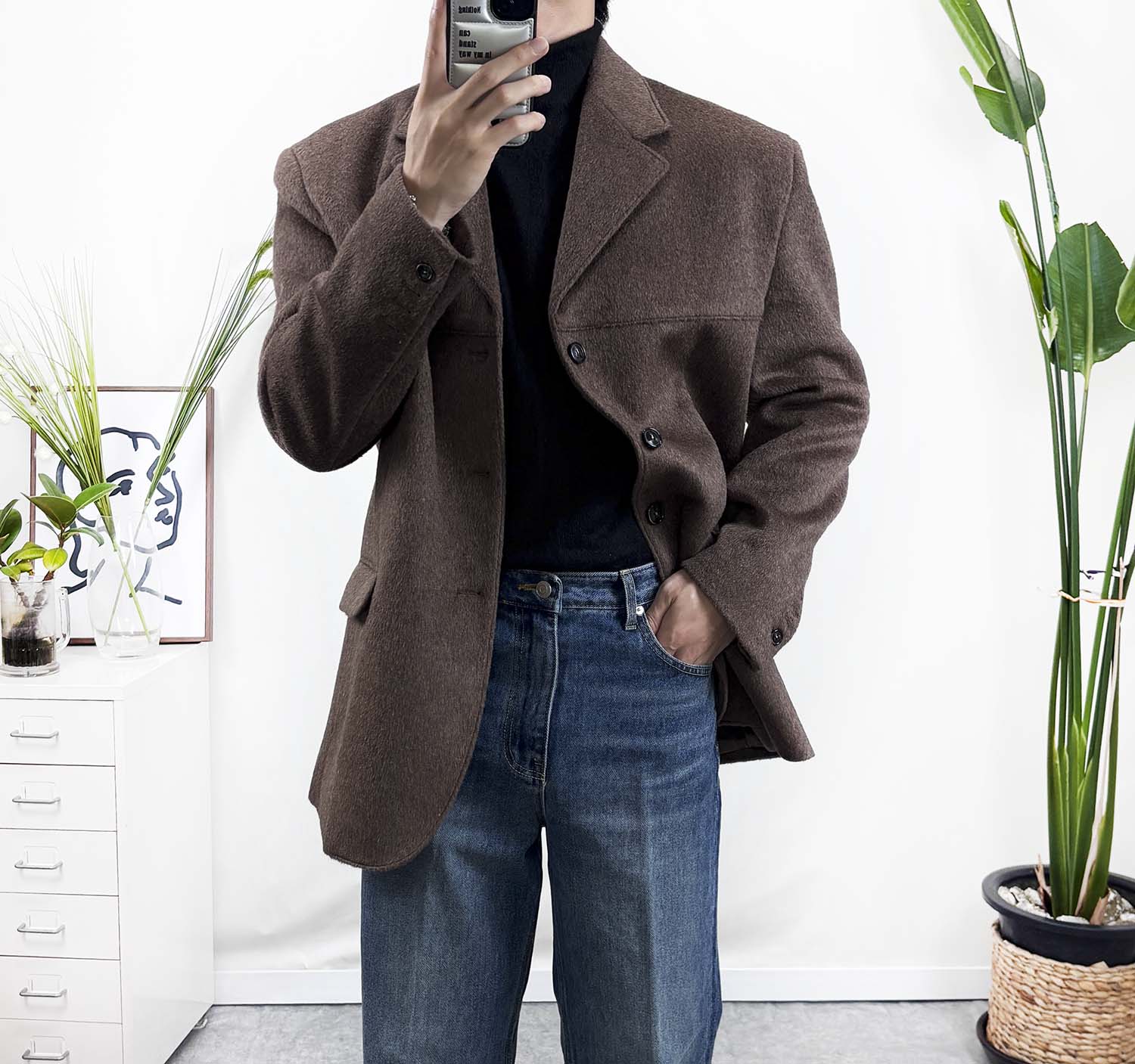 남자 오버핏 울 블레이저 정장마이 겨울 자켓 브라운 블랙