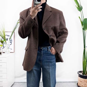 남자 오버핏 울 블레이저 정장마이 겨울 자켓 브라운 블랙