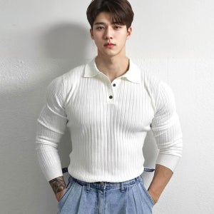 머슬핏 카라티 데일리 무지 단추 카라 근육 긴팔티