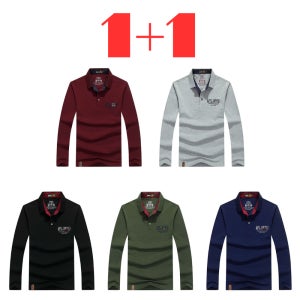 1+1 남자 긴팔 카라 티셔츠 JIPU 100% 면 편한 비지니스 골프 테니스 캐주얼 상의