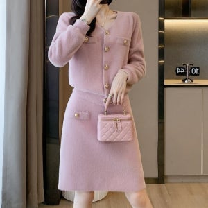 여성 캐주얼 니트 가디건 스커트 핑크 투피스 세트