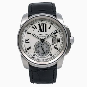 까르띠에 42 mm Calibre 드 실버 다이얼 블랙 레더 남성 시계 W7100037 W7100037 Black / Silver / Skeleton CRTW7100037