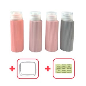 수영장 실리콘 공병 여행용 샴푸 통 화장품 소분 용기 핑크 4P 파우치 세트