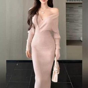 (3color)프랑스 오프 숄더 여리 v 넥 니트 스웨터 섹시 캐주얼 롱 원피스