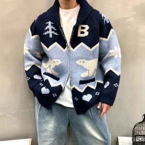 헤비 숄 카라 노르딕 폴라 베어 남자 겨울 니트 후드 집업 스웨터