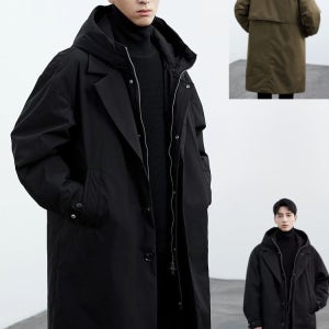 패션 스타일 페이크 레이어드 후드 미디엄 롱 남성 트렌치코트 싱글트렌치코트남자