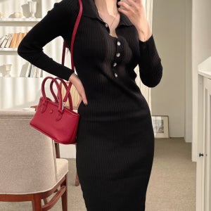 몸매보정 오픈 카라넥 봄 가을 겨울 긴팔 골지 니트 슬림 원피스 롱