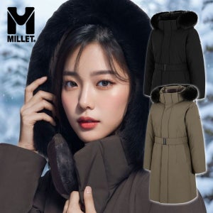 밀레 역시즌 구스다운 벨트 롱패딩 여성 후드 폭스퍼 거위털 점퍼 등산 아웃도어