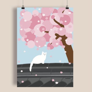 P103 봄날 고양이 포스터 벚꽃 동물 집들이 선물 액자 아이방 놀이방 꾸미기 인테리어