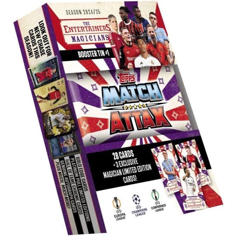 Topps Match Attax 24/25 - 부스터 틴 매지션 매치 아탁스 카드 28장과 독점 LE 3장(Phil Foden Florian Wirtz Vini 부스터 틴 매지션
