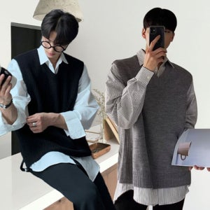 더벳스 남성 댄디 니트 조끼 베스트 레이어드 코디
