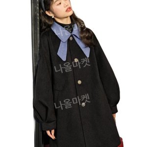 프렌치 칼라 블랙 하프코트 울 코트 겨울 여성 롱 오버핏 리본코트 S