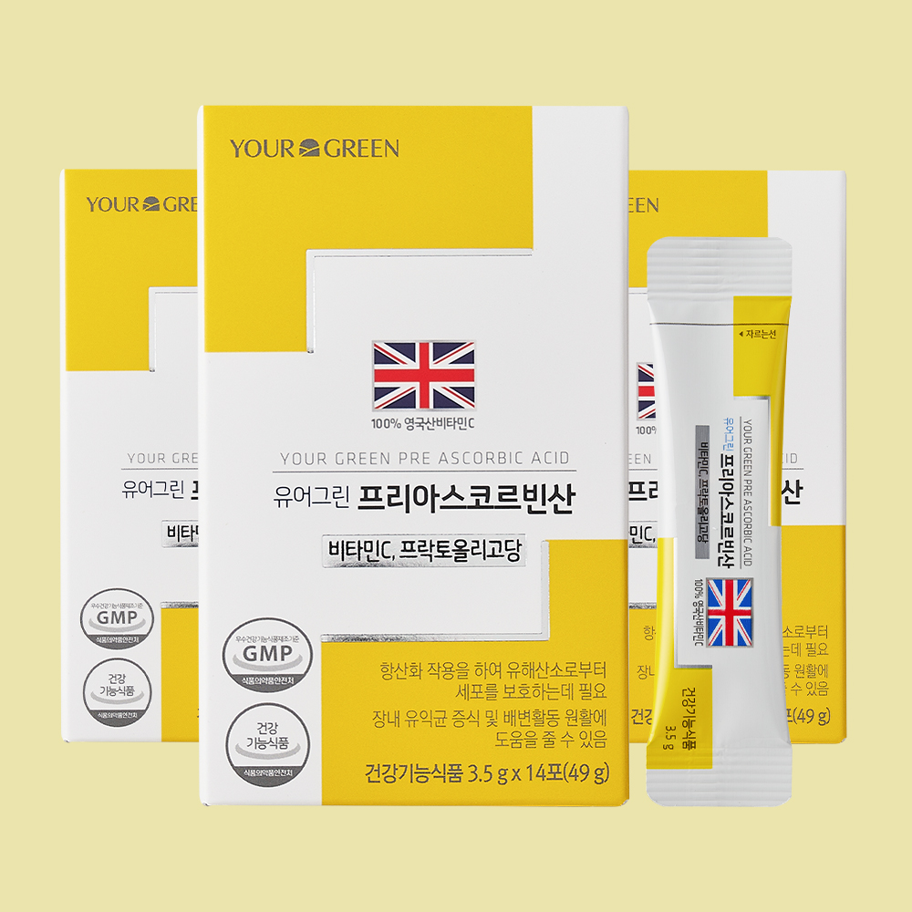 유어그린 <b>프리</b>아스코르빈산 무설탕 어린이 레몬맛 영국산<b>비타민C</b> 1000 14포, 3개