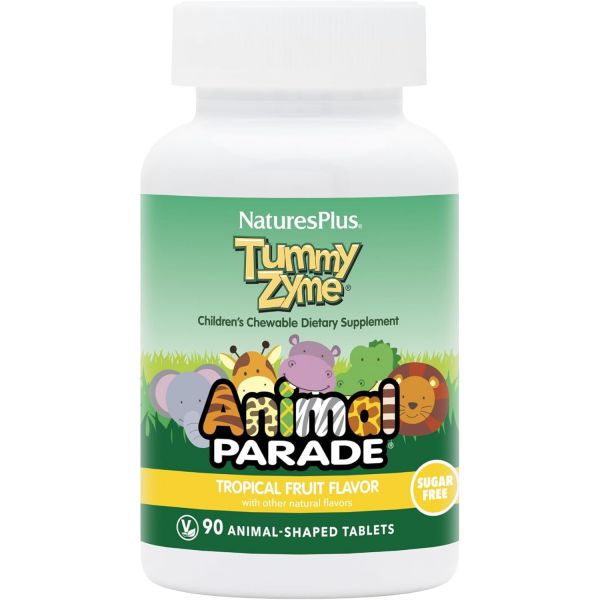 엔자임 장 <b>소화</b> <b>NaturesPlus</b> 동물 퍼레이드 배액자임 어린이 열대 일 맛 모양 정제 90개 살아있 프로바이오틱스 포함 채식 글루텐 프리 설탕 90인분