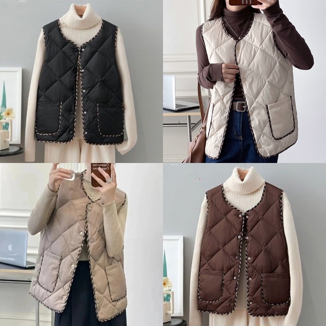 다이아 퀼팅 경량 패딩조끼 여성 라운드넥 단추 데일리 보온 라인배색 패션 포켓 누빔 조끼