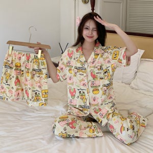 스폰지밥 뚱이 여성 파자마 잠옷 반팔 반바지 긴바지 쓰리피스 세트 2XL