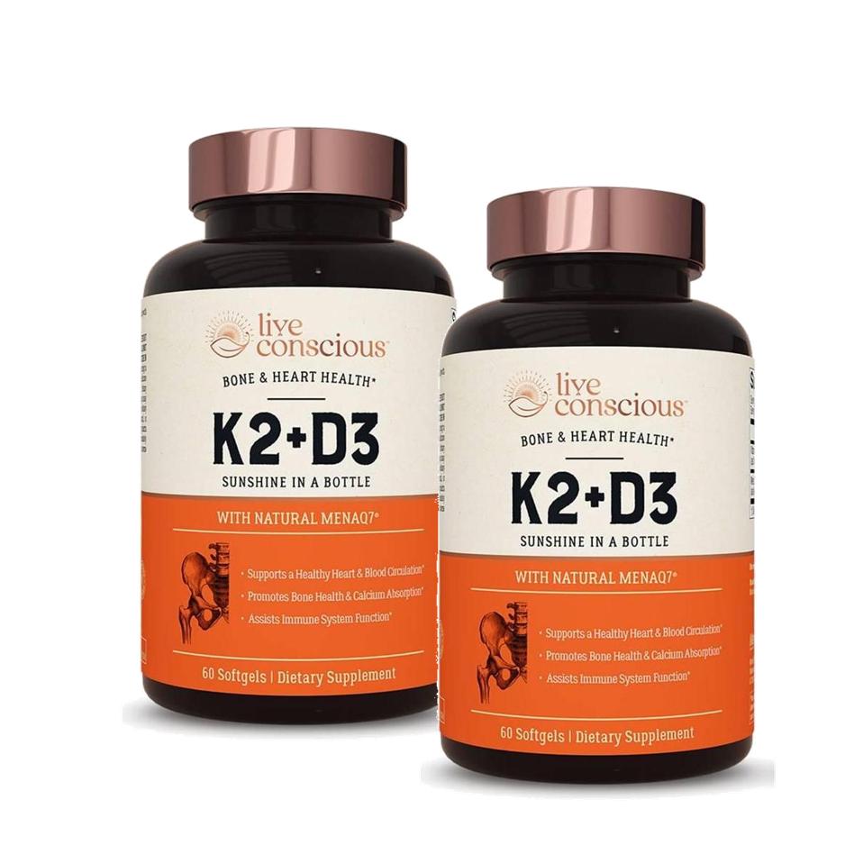 라이브 컨셔스 <b>비타민 K</b>2 MK7 플러스 D3 5000 IU 소프트젤 60정 2개 <b>Live Conscious</b> Vitamin K2 MK7 D3
