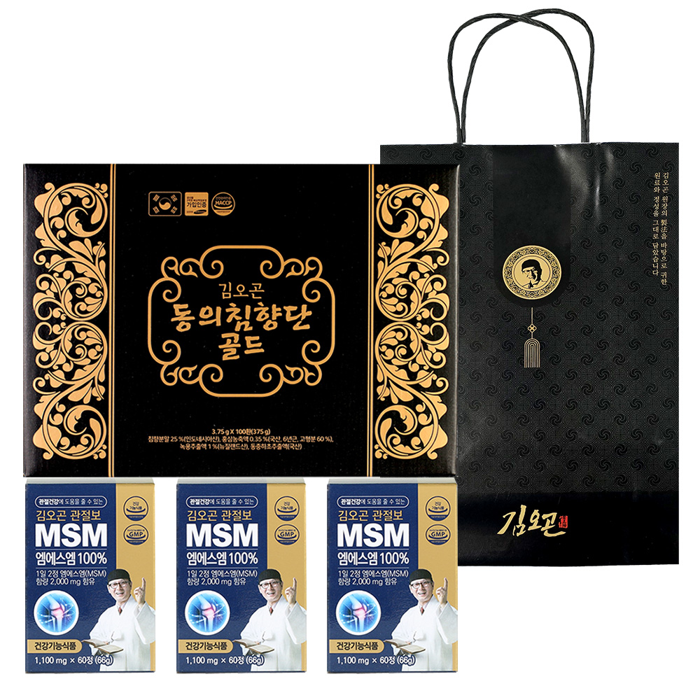 주원<b>생활건강</b> <b>김오곤</b>동의침향단골드100환 침향환+<b>김오곤</b>관절보MSM 60정 3통+선물용쇼핑백