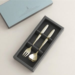 인쇄 이니셜각인 엔젤하트 골드(티타늄도금) 2P 티스푼포크세트 - 돌답례품 결혼답례품