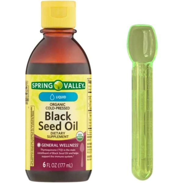 <b>스프링 밸리</b> 콜드 프레스 블랙 씨드 오일 액체 제 소화 모발 <b>성장</b> 등 2 TSP(10ML) 품 계량 스푼 포함 6온스 이상