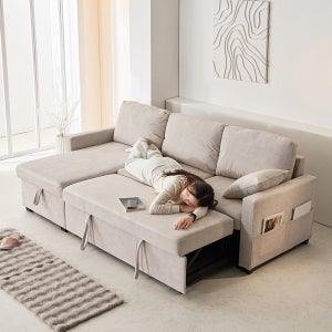 동서가구 런스 편백황토숯 아쿠아텍스 패브릭 소파 확장형 소파베드 스툴미포함, 아이보리, 4인용