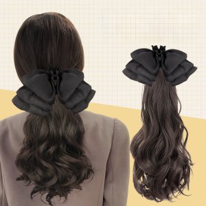 [다양한 길이 옵션] 리본 웨이브 포니테일 가발 여성 리본 집게형 가발