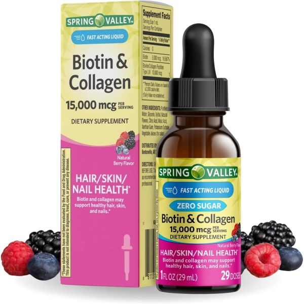 액체 비오틴 콜라겐 15000Mcg 내추럴 베리 향 모발 <b>피부</b> 손톱 드롭 바이 <b>스프링 밸리</b> 1온스(1팩)