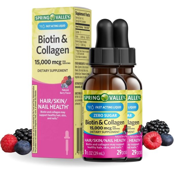 액체 비오틴 콜라겐 15000Mcg 내추럴 베리 향 모발 <b>피부</b> 손톱 드롭 바이 <b>스프링 밸리</b> 1온스(2팩)