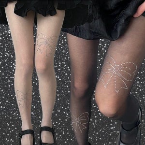 큐빅스타킹 반짝이스타킹 글리터 아이보리 비치는 펄 검스 리본 시스루