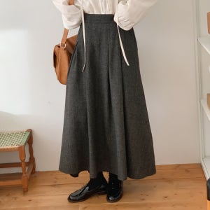 울 헤링본 스커트 겨울 치마 뒷밴딩 핀턱 체형커버 주름 플레어 모직 롱스커트
