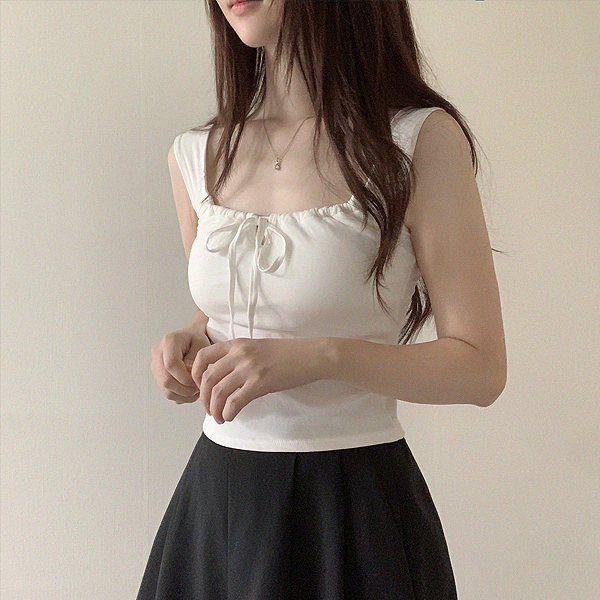 러블리룩 리본 캡내장 스퀘어넥 크롭 이너 여성 나시 화이트 발레코어룩 모리걸 여름
