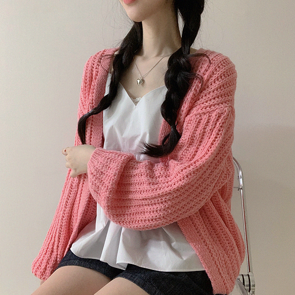 통통짜임 오픈형 오버핏 포근 이너 긴팔 니트 여성 가디건 코랄핑크 옐로우 소라