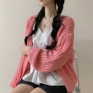 통통짜임 오픈형 오버핏 포근 이너 긴팔 니트 여성 가디건 코랄핑크 옐로우 소라