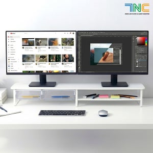 7NC 2단 넓은 수납형 모니터받침대 선반 듀얼 서랍형 받침 컴퓨터 책상 와이드 높은 다이