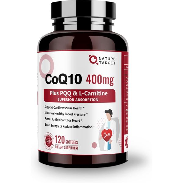 네이처 타겟 <b>CoQ10400</b>mg PQQ 오메가3s &amp; L카르니틴 함유 고성 코엔자임Q10 <b>바이오페린</b> 뇌 에너지 생산 120인분